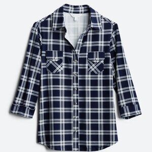 Stitchfix Market & Spruce Perrina Button Down Knit Top, Navy Plaid, XL, NWT